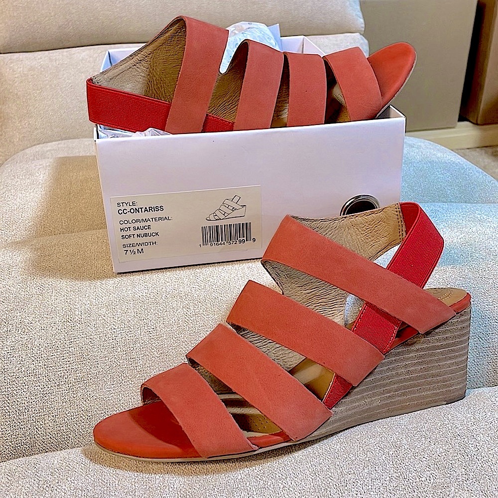 NIB 7.5 CORSO COMO Brick red elastic ankle strap cut out suede wedge 2.5” heels